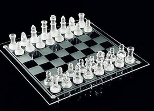 e5e10 1010 Glass Chess Set Frosted and Clear Pieces Felted Bottom for Adult and TeensGift for Game Education - Image 1