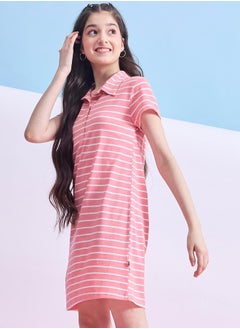 Stylo Bug Striped Collared Half-Button Placket A-Line Dress by Styli  - Image 2