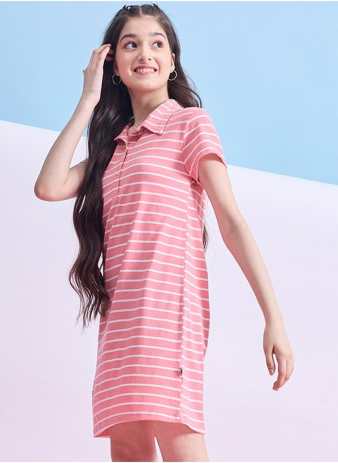 Stylo Bug Striped Collared Half-Button Placket A-Line Dress by Styli  - Image 2