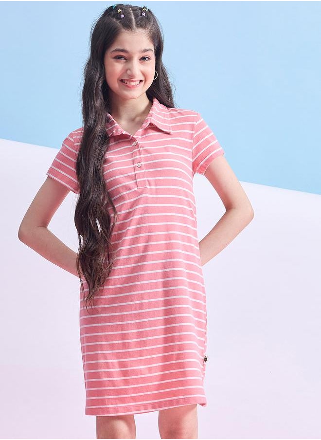 Stylo Bug Striped Collared Half-Button Placket A-Line Dress by Styli  - Image 1