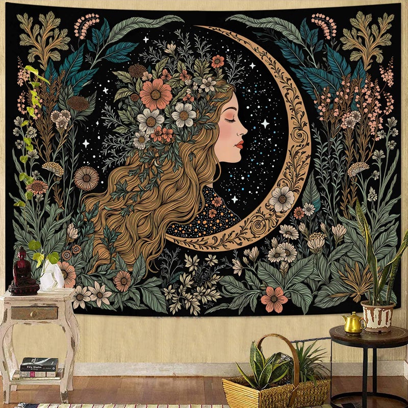 Neasow Moon Girl Floral Tapestry, Botanical Nature Wall Art, Boho Aesthetic Mystic Decor for Living Room Bedroom Home, Green 36x48 inches - Image 1