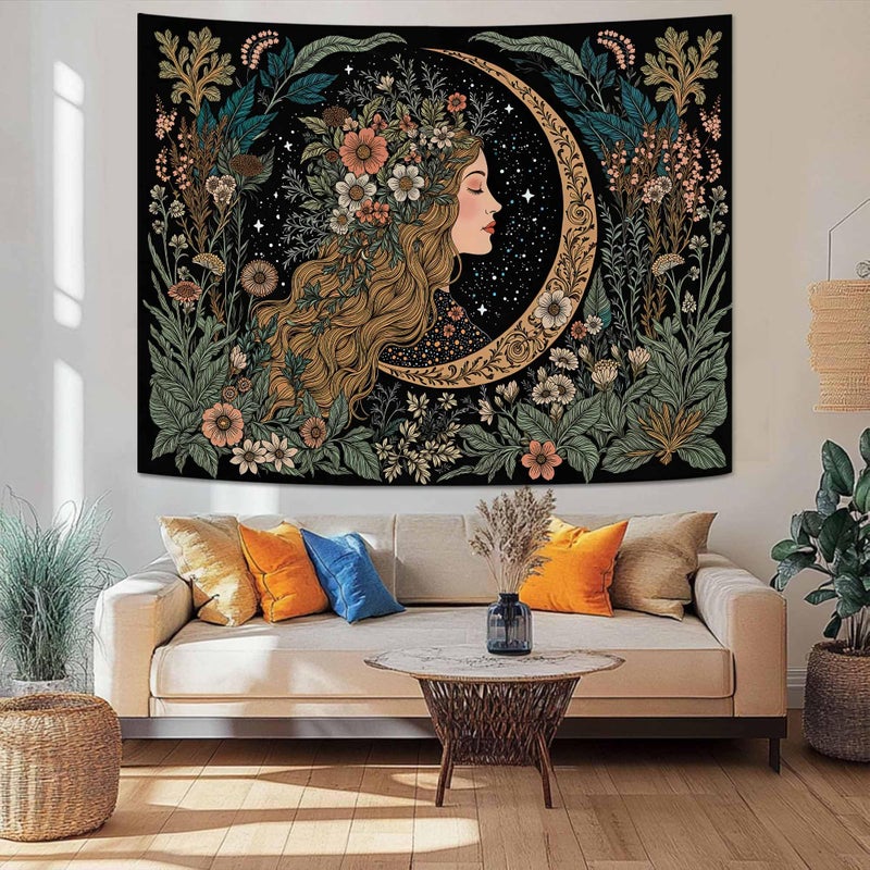 Neasow Moon Girl Floral Tapestry, Botanical Nature Wall Art, Boho Aesthetic Mystic Decor for Living Room Bedroom Home, Green 36x48 inches - Image 3