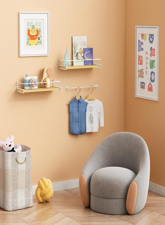 Forbena Floating Shelves for Wall with Rail, White and Natural Wood Nursery Book Shelves for Baby Girls Boys Kids Room Bedroom, Hanging Bookshelves Wall Mounted for Books, Toys, Bathroom (Set of 2) - Image 2