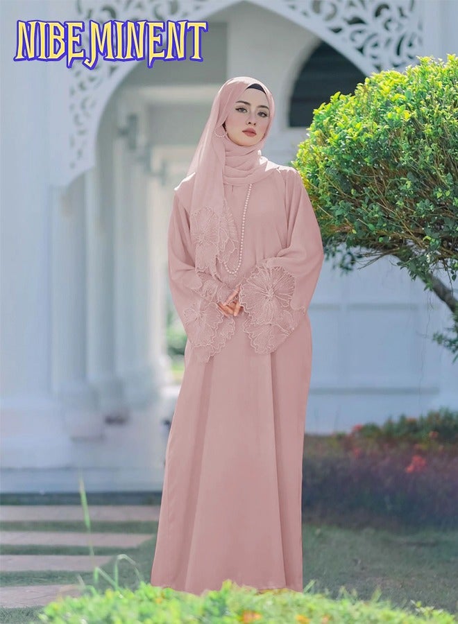 NIBEMINENT Unique Design Abaya Muslim Robe Casual Loose Fitting Long Sleeved with Large Hem, Dress with Headscarf Pink - Image 1