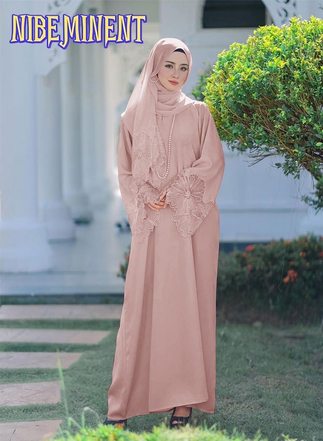 NIBEMINENT Unique Design Abaya Muslim Robe Casual Loose Fitting Long Sleeved with Large Hem, Dress with Headscarf Pink - Image 2