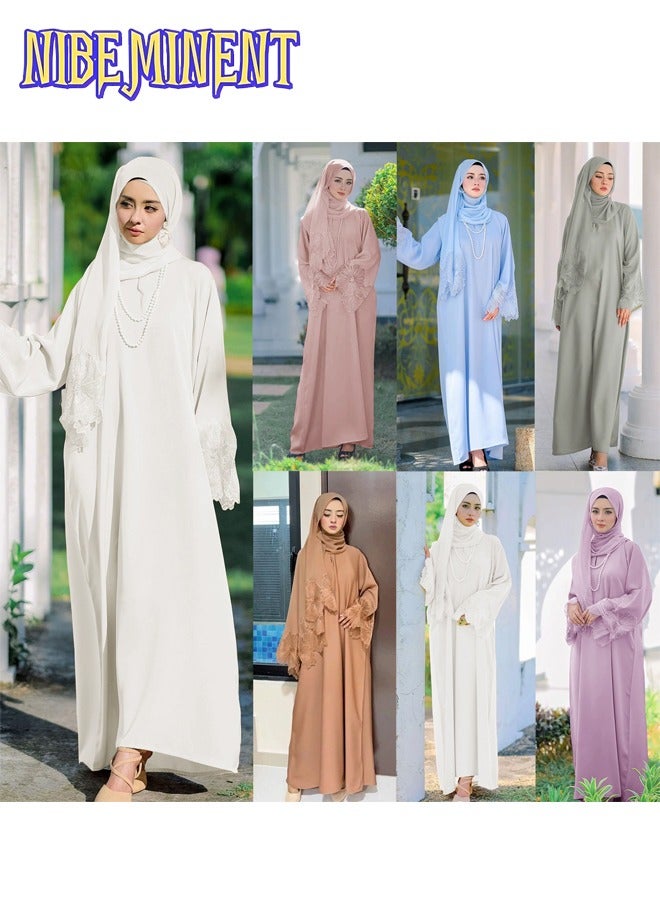 NIBEMINENT Unique Design Abaya Muslim Robe Casual Loose Fitting Long Sleeved with Large Hem, Dress with Headscarf Pink - Image 3