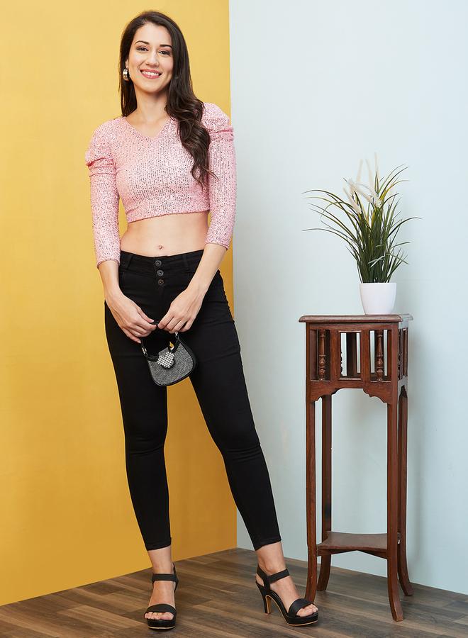 globus Women Pink Puff Sleeves Sequined Crop Top - Image 5