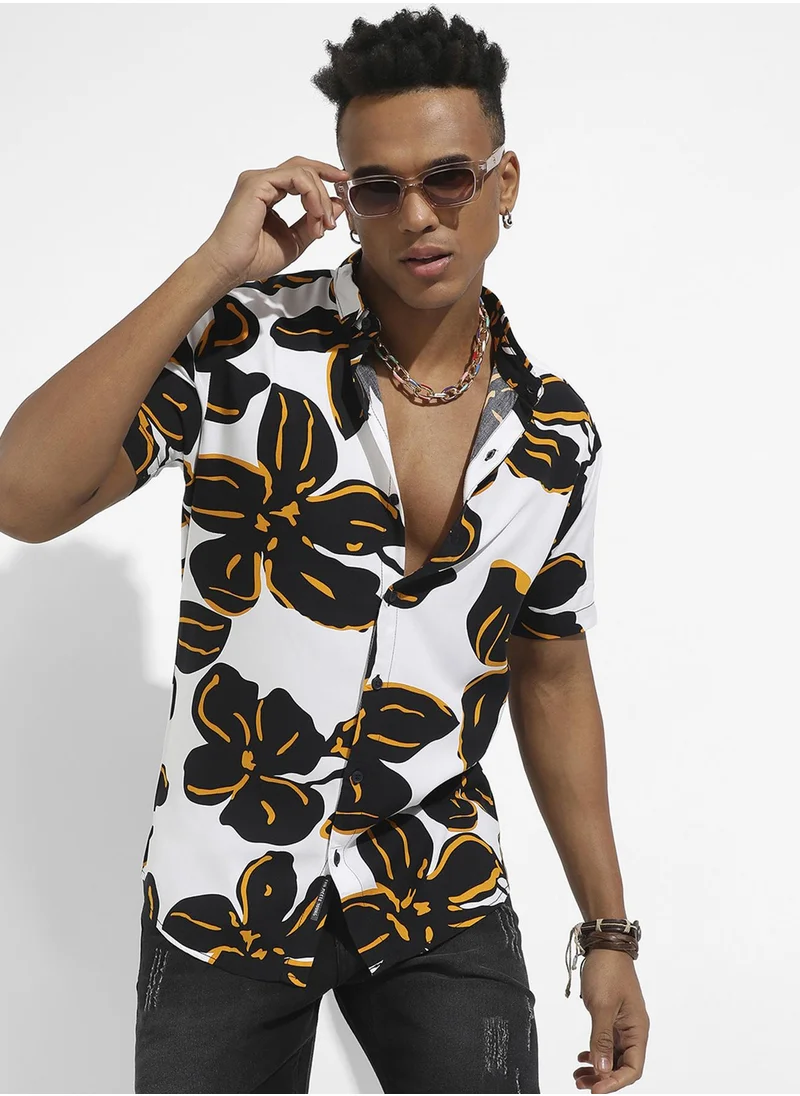 كامبوس سوترا Men's White & Black Maxi Floral Print Shirt