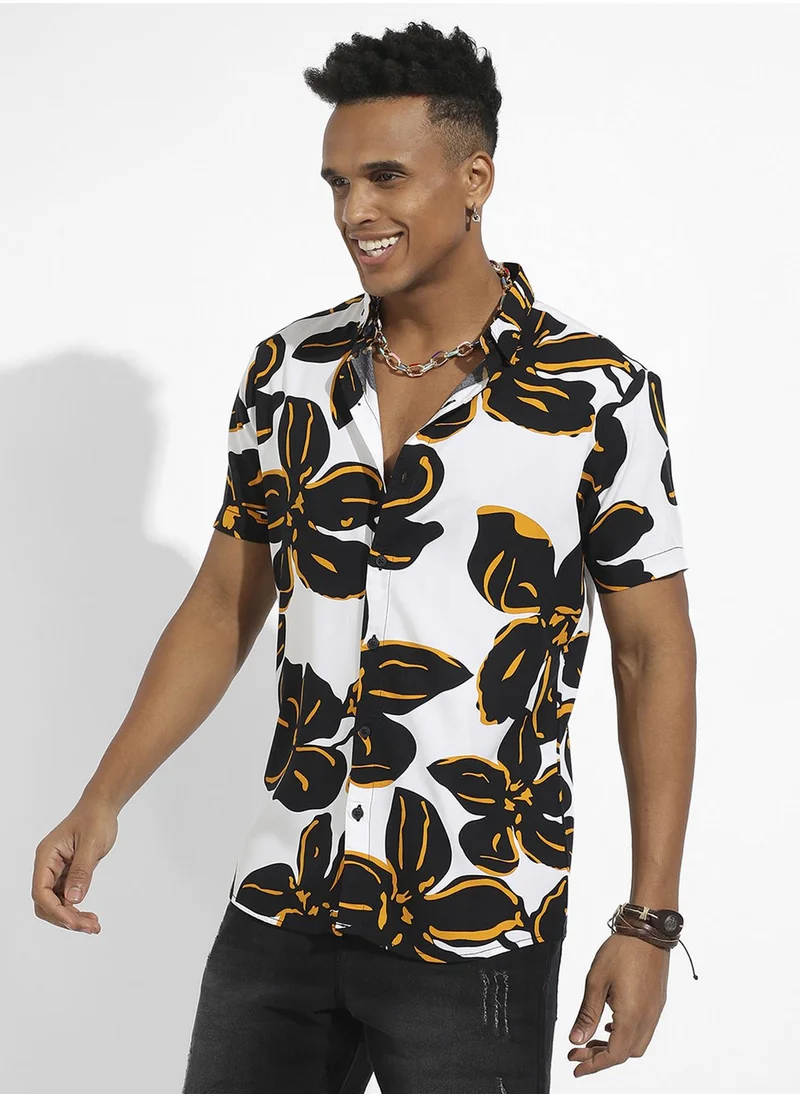 كامبوس سوترا Men's White & Black Maxi Floral Print Shirt