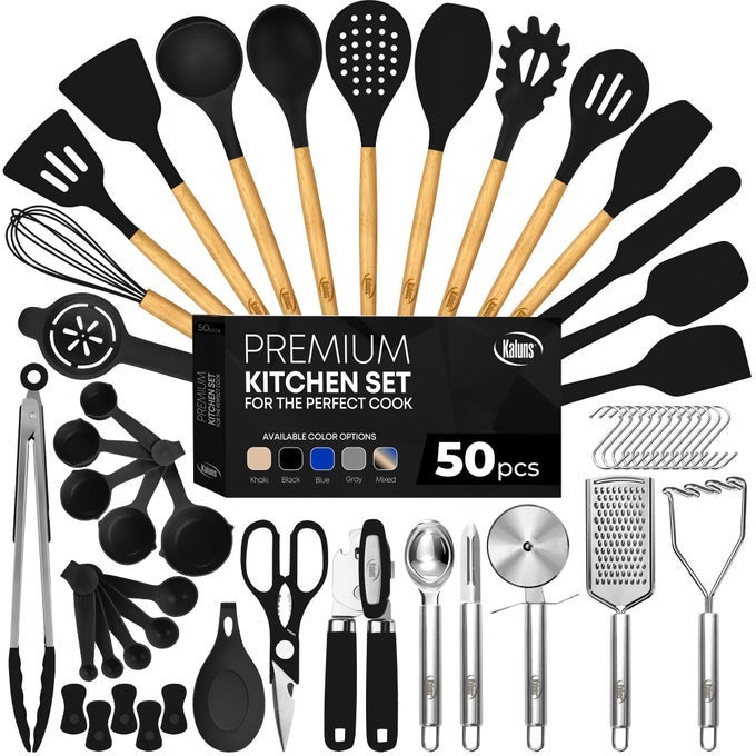 50 PCS SILICONE KITCHEN UTENSILS SET COMPLETE KITCHEN SET 800F HEAT RESISTANT NONSTICK PREMIUM SILICONE COOKING UTENSILS W WOODEN HANDLES CAN OPENER MASHER TURNER SILICONE SPATULA SET