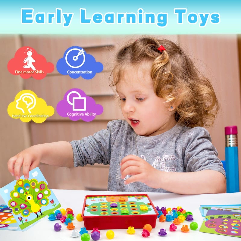 AluAbi Button Art Toys for Toddlers, Color Matching Mosaic Pegboard for Age 3-5,Early Preschool Learning Activity Button Crafts Educational Toys, Fine Motor Skills Game, Gifts for Boys & Girls 3+ - Image 2