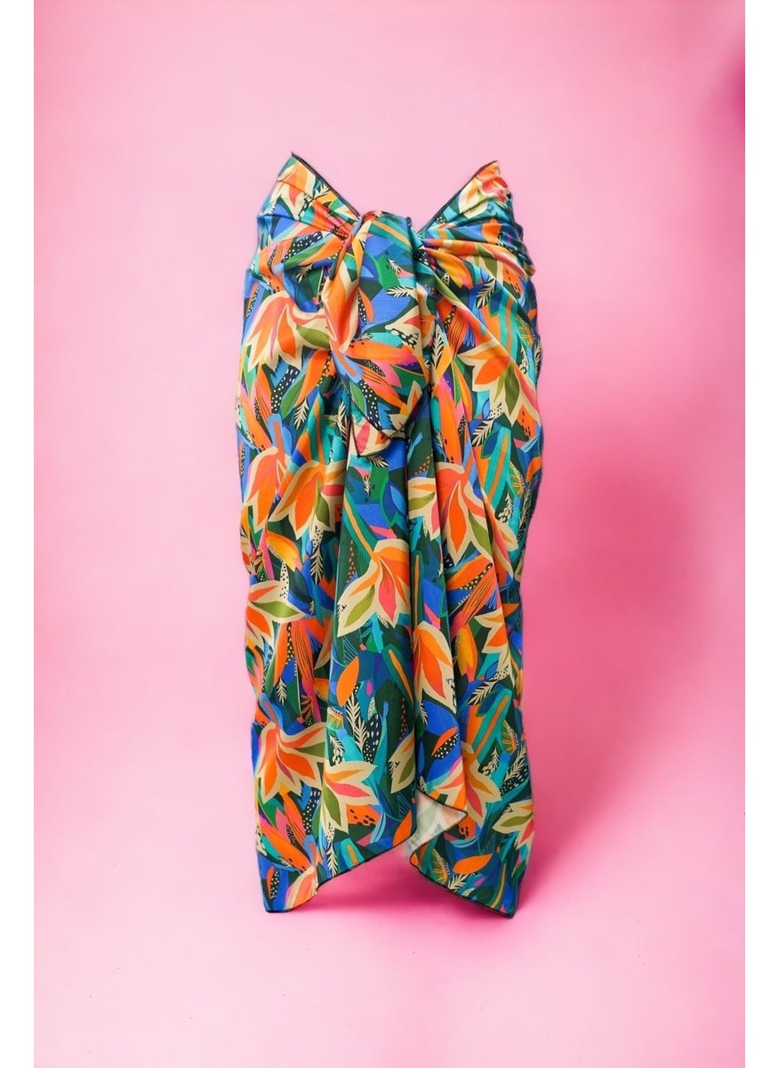 Pistore Pink Orange Leaf Patterned Long Pareo Satin Women's Beach Dress New Season  - Image 2