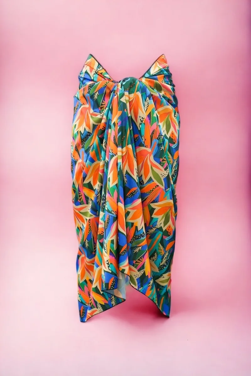 بيستور Pink Orange Leaf Patterned Long Pareo Satin Women's Beach Dress New Season