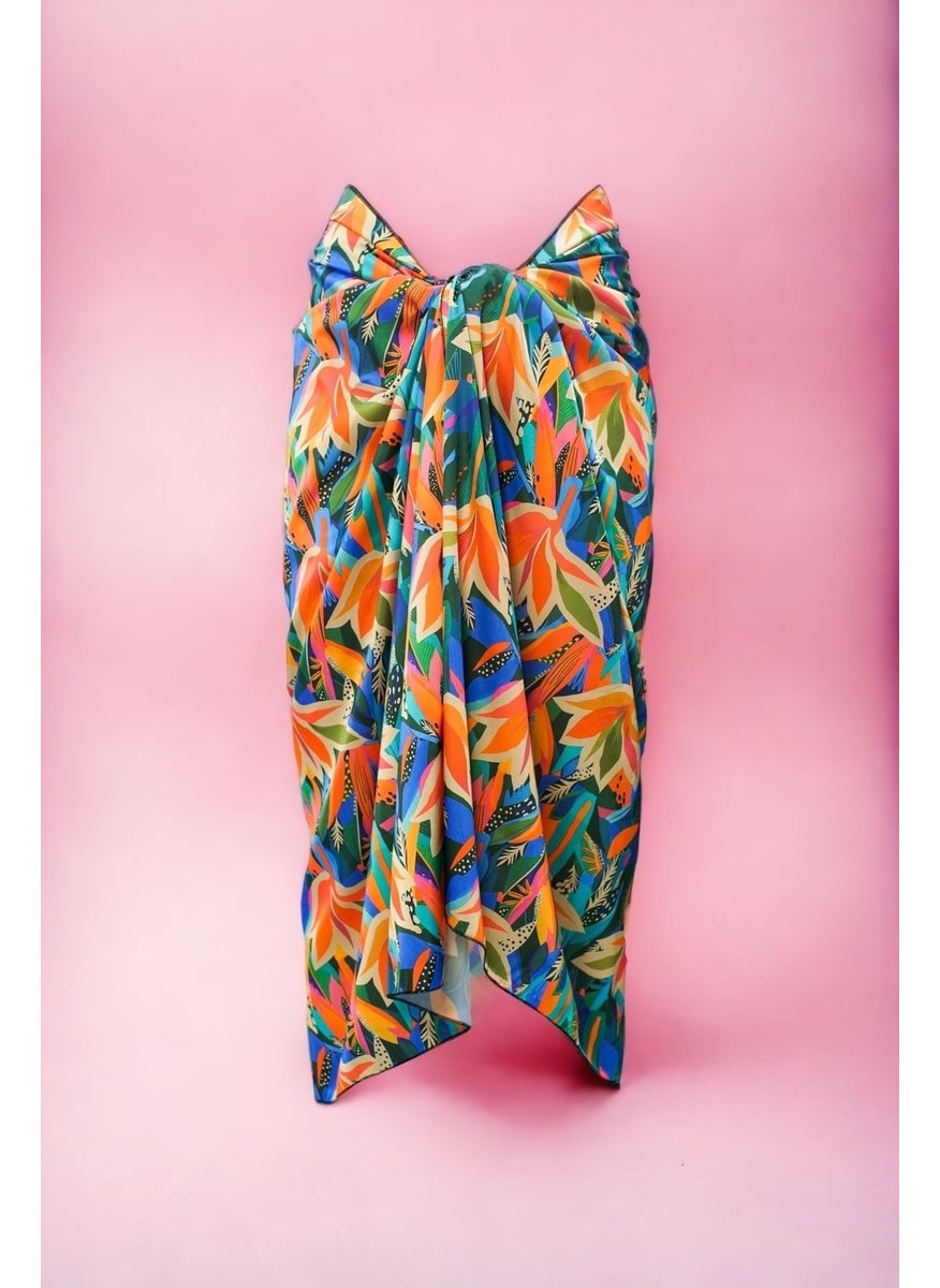 Pistore Pink Orange Leaf Patterned Long Pareo Satin Women's Beach Dress New Season  - Image 3
