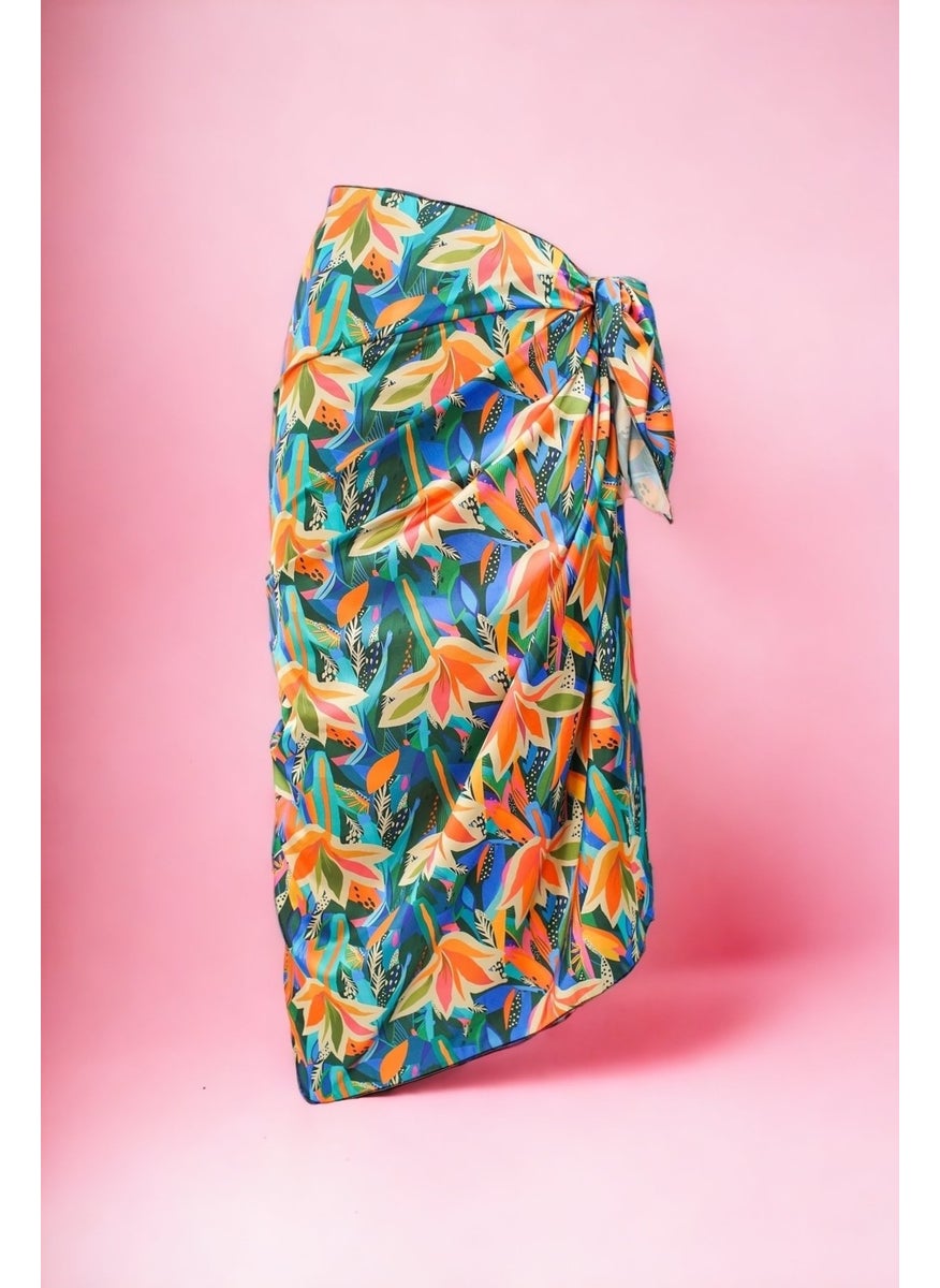 Pistore Pink Orange Leaf Patterned Long Pareo Satin Women's Beach Dress New Season  - Image 1
