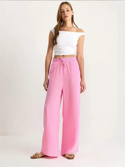 Bianco Lucci LUCCI High Waist Straight Leg Pants with Drawstring Waist