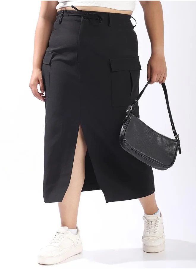 هاي ستار Black Skirts Solid Button Woven Midi Plus Size A-Line for Women – Make every day iconic