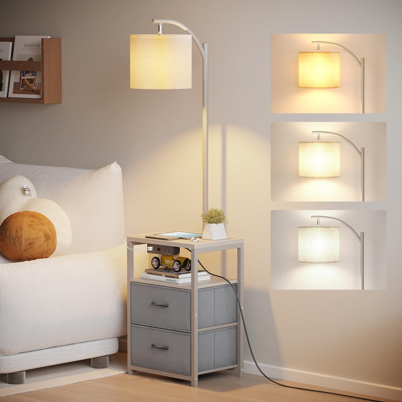 SUNMORY Floor Lamp with Table & 2 Drawers, Lamp with USB Port and Outlet, Lamps for Nightstand with 3 Color Temperature Led Bulb Included, Floor Lamps for Living Room, Bedroom and Home Office, Grey - Image 1