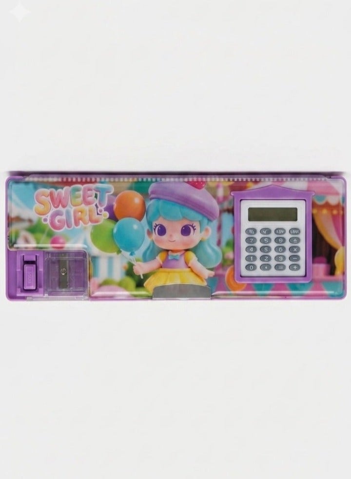 Kids Multi-Function Pencil Case with Calculator and Dual Sharpener, Sweet Girl Design - Image 1