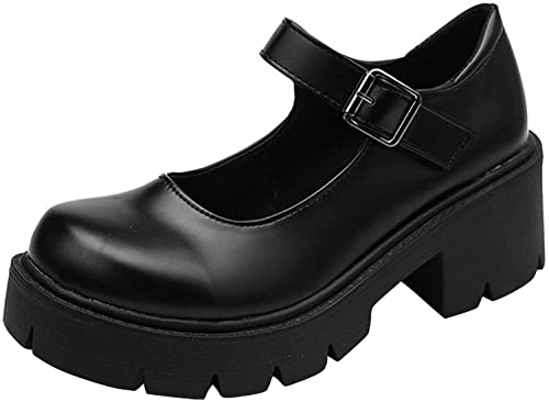 ACE SHOCK Women's Platform Mary Janes Chunky Heel Ankle Strap Uniform Dress Shoes Heeled Gothic Lolita Oxfords (7, Single Strap-Matt Black) - Image 1