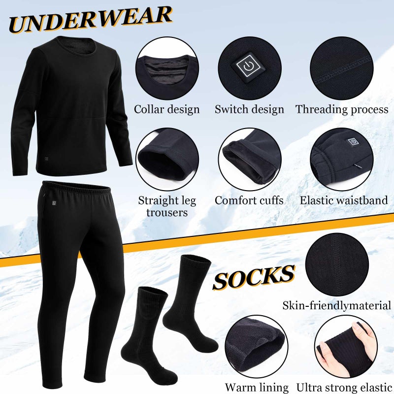 Cutecrop Heated Thermal Underwear and Socks Set for Men USB Intelligent Heated Thermals Top Pants Set Winter Outdoor, 2XLarge Black - Image 2