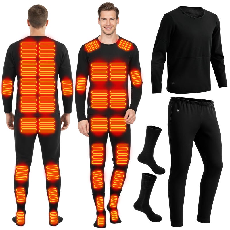 Cutecrop Heated Thermal Underwear and Socks Set for Men USB Intelligent Heated Thermals Top Pants Set Winter Outdoor, 2XLarge Black - Image 1