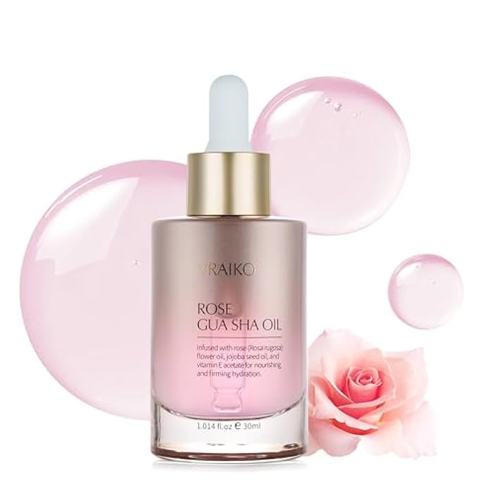 VRAIKO Gua Sha Face Oil Serum | Rosa Rugosa Flower & Jojoba Seed Oil Product | Detox, Plump, Anti-Oxidant, Soothing | Nourish, Cruelty Free, Natural, 1 fl oz - Image 1