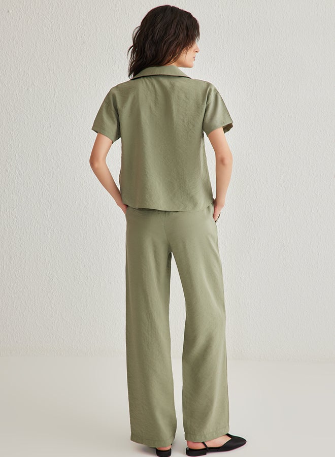trendyol Khaki Modal Soft Touch Short Sleeve Shirt Wide Leg Trousers Woven Bottom-Top Set TWOSS25AU00026 - Image 5