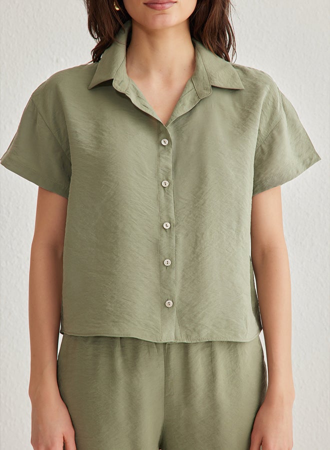 trendyol Khaki Modal Soft Touch Short Sleeve Shirt Wide Leg Trousers Woven Bottom-Top Set TWOSS25AU00026 - Image 4