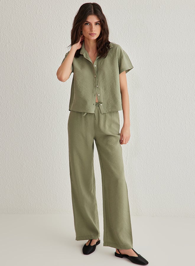 trendyol Khaki Modal Soft Touch Short Sleeve Shirt Wide Leg Trousers Woven Bottom-Top Set TWOSS25AU00026 - Image 2