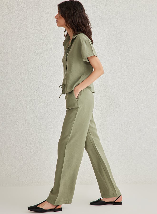 trendyol Khaki Modal Soft Touch Short Sleeve Shirt Wide Leg Trousers Woven Bottom-Top Set TWOSS25AU00026 - Image 3