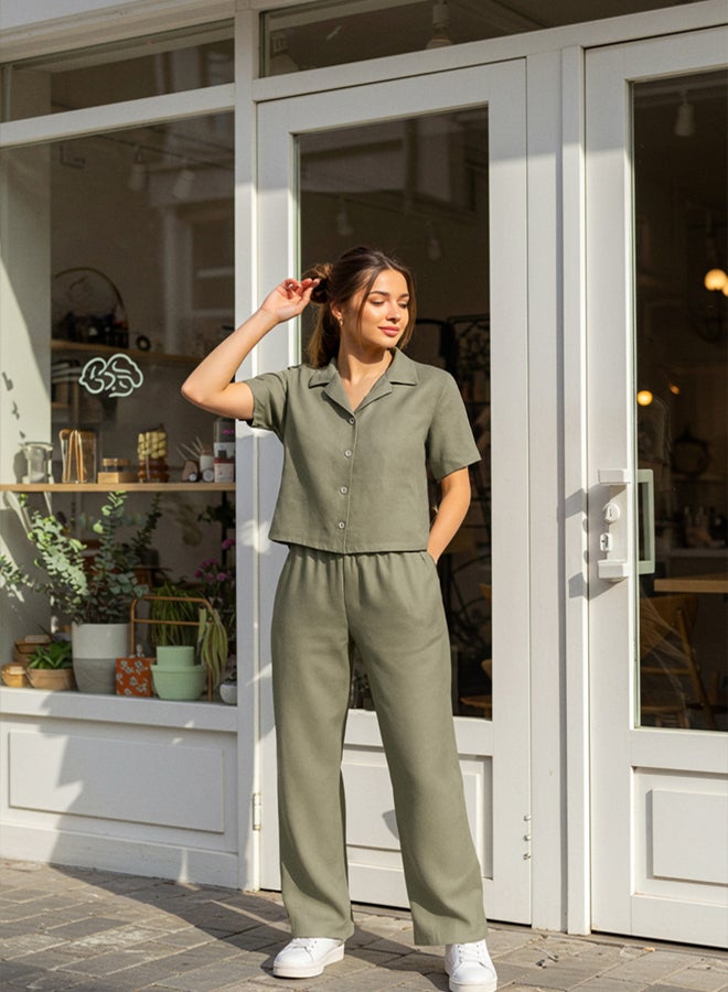 trendyol Khaki Modal Soft Touch Short Sleeve Shirt Wide Leg Trousers Woven Bottom-Top Set TWOSS25AU00026 - Image 1