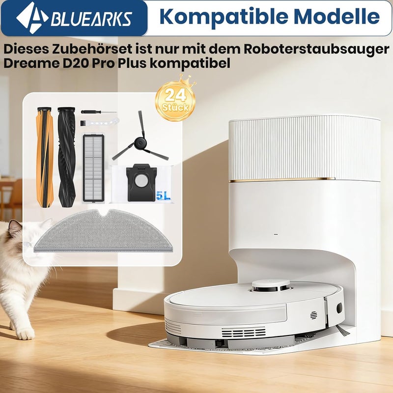 Bluearks Pack of 24 Accessories for Dreame D20 Pro Plus Robot Vacuum Cleaner, Consisting of 2 Main Brushes, 4 Wipes, 4 HEPA Filters, 6 Side Brushes, 6 Dust Bags, D20 Pro Plus Replacement Parts Globally popular elegant design - Image 2