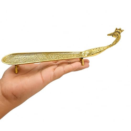 Putrika Brass Incense Stick Holder Stand | Holder | Burner with Ash Catcher Agarbatti | Batti Stand Dhup | Dhoop Best for Puja | Pooja[24cm*2.5cm*7.5cm][Weight: 170gm] - Peacock Agarbatti (Engraved) - Image 3
