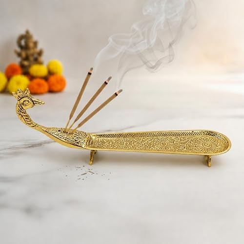 Putrika Brass Incense Stick Holder Stand | Holder | Burner with Ash Catcher Agarbatti | Batti Stand Dhup | Dhoop Best for Puja | Pooja[24cm*2.5cm*7.5cm][Weight: 170gm] - Peacock Agarbatti (Engraved) - Image 1