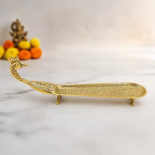 Putrika Brass Incense Stick Holder Stand | Holder | Burner with Ash Catcher Agarbatti | Batti Stand Dhup | Dhoop Best for Puja | Pooja[24cm*2.5cm*7.5cm][Weight: 170gm] - Peacock Agarbatti (Engraved) - Image 2