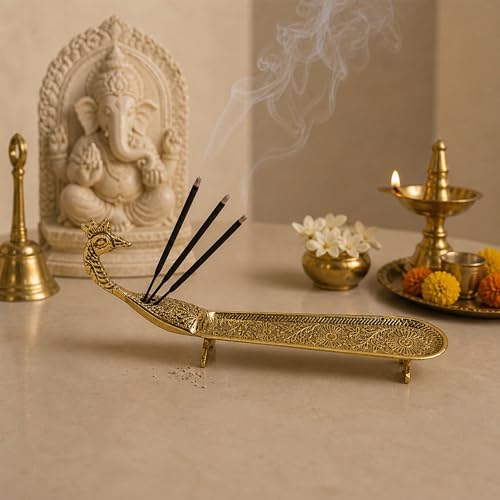 Putrika Brass Incense Stick Holder Stand | Holder | Burner with Ash Catcher Agarbatti | Batti Stand Dhup | Dhoop Best for Puja | Pooja[24cm*2.5cm*7.5cm][Weight: 170gm] - Peacock Agarbatti (Engraved) - Image 4