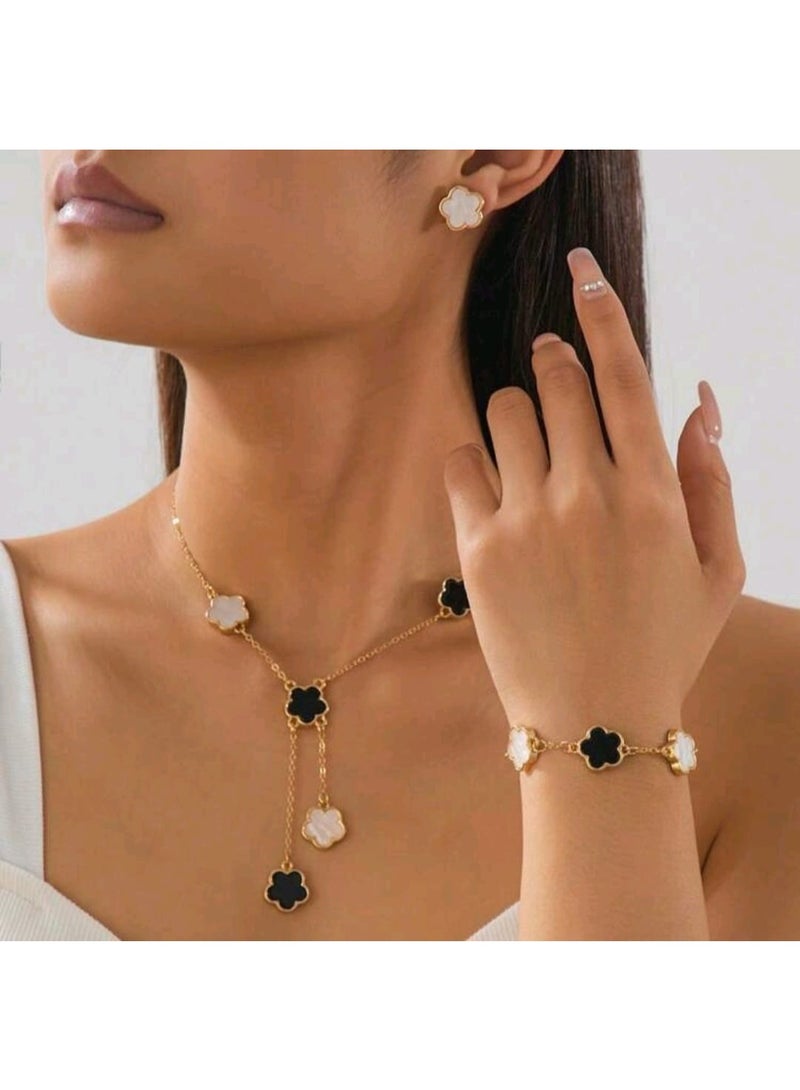 Shein 1 Set: 1pc Lucky Four-Leaf Clover Pendant Necklace, 1pc Bracelet, 1 Pair Earrings - Image 1