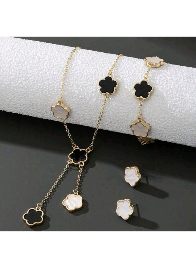 Shein 1 Set: 1pc Lucky Four-Leaf Clover Pendant Necklace, 1pc Bracelet, 1 Pair Earrings - Image 3