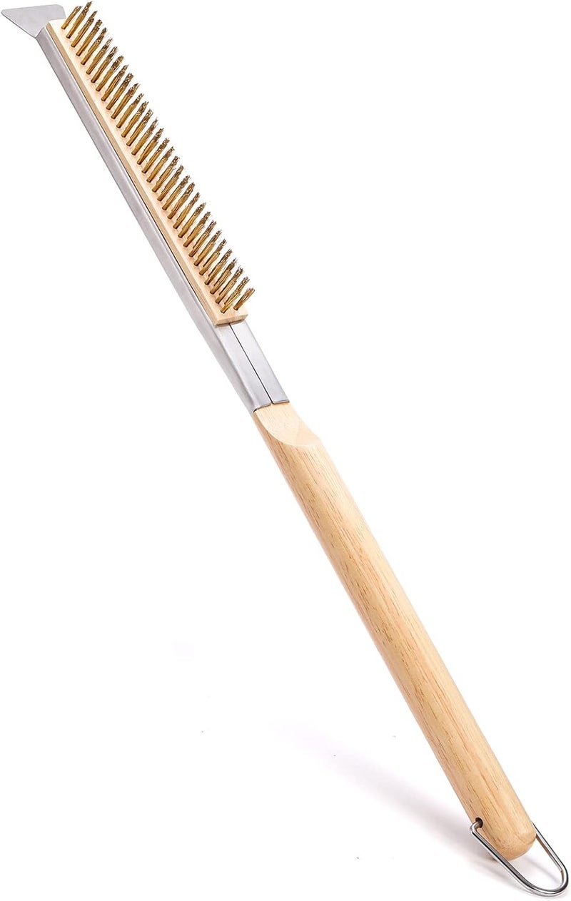 ZEAYEA 21 Inch Pizza Oven Brush with Scraper, Brass Bristles, Copper Wire Pizza Stone Cleaning Brush for BBQ Grill Cleaning, Outdoor Oven Accessories - Image 1