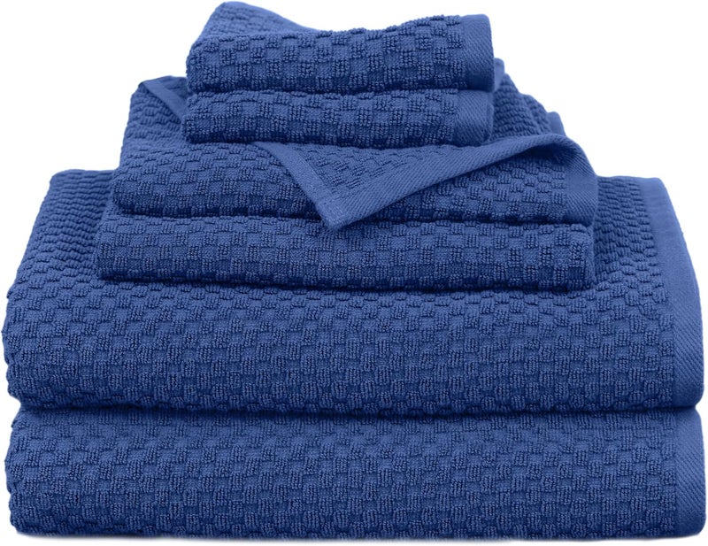 قطن كرافت مجموعة مناشف قطن كرافت بنمط الوافل 6 قطع - 100% قطن - 2 منشفة حمام كبيرة فاخرة سبا أوروبية بنسيج الوافل كبيرة الحجم، 2 منشفة يد، 2 فوطة غسيل - ماصة وتجف بسرعة لفندق وحمام واستحمام ومسبح - أزرق - Image 1