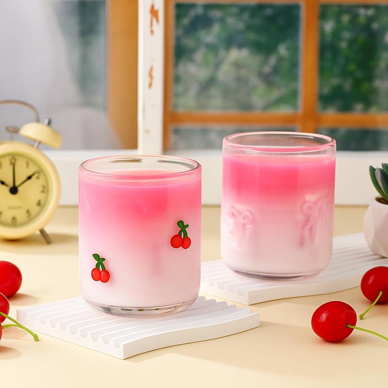 Skylety Set of 2 Pink Cherry Bow Icon Juice Glass 14oz Coquette Bow Glass Cup Pink Cherry Coffee Mug Gifts for Women Girls Mothers Day Birthday Bridal Shower Gifts - Image 4