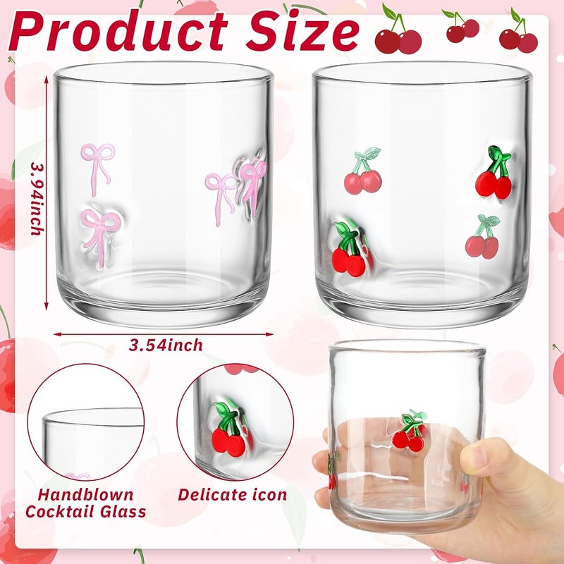 Skylety Set of 2 Pink Cherry Bow Icon Juice Glass 14oz Coquette Bow Glass Cup Pink Cherry Coffee Mug Gifts for Women Girls Mothers Day Birthday Bridal Shower Gifts - Image 2