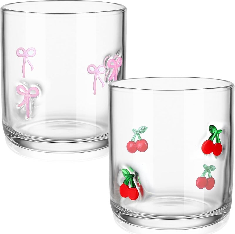 Skylety Set of 2 Pink Cherry Bow Icon Juice Glass 14oz Coquette Bow Glass Cup Pink Cherry Coffee Mug Gifts for Women Girls Mothers Day Birthday Bridal Shower Gifts - Image 1