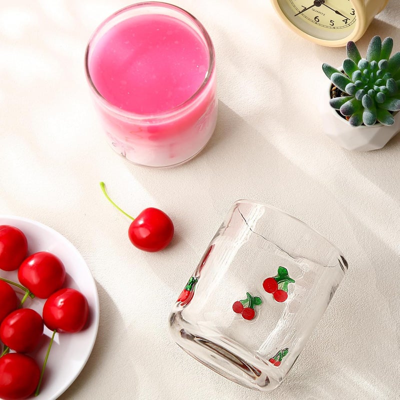 Skylety Set of 2 Pink Cherry Bow Icon Juice Glass 14oz Coquette Bow Glass Cup Pink Cherry Coffee Mug Gifts for Women Girls Mothers Day Birthday Bridal Shower Gifts - Image 5