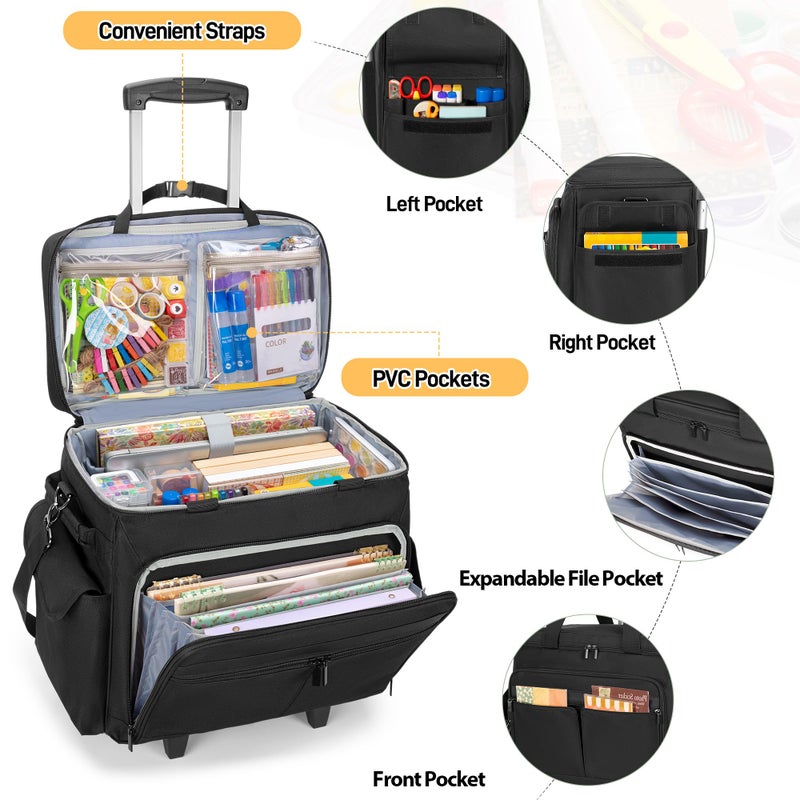 Trunab Rolling Scrapbook Tote with Expandable File Pocket, Large Craft Organizer and Storage Bag with Detachable Trolley and Bottom Support Panel for Scrapbooking Supplies and Art Tools, Black - Image 3