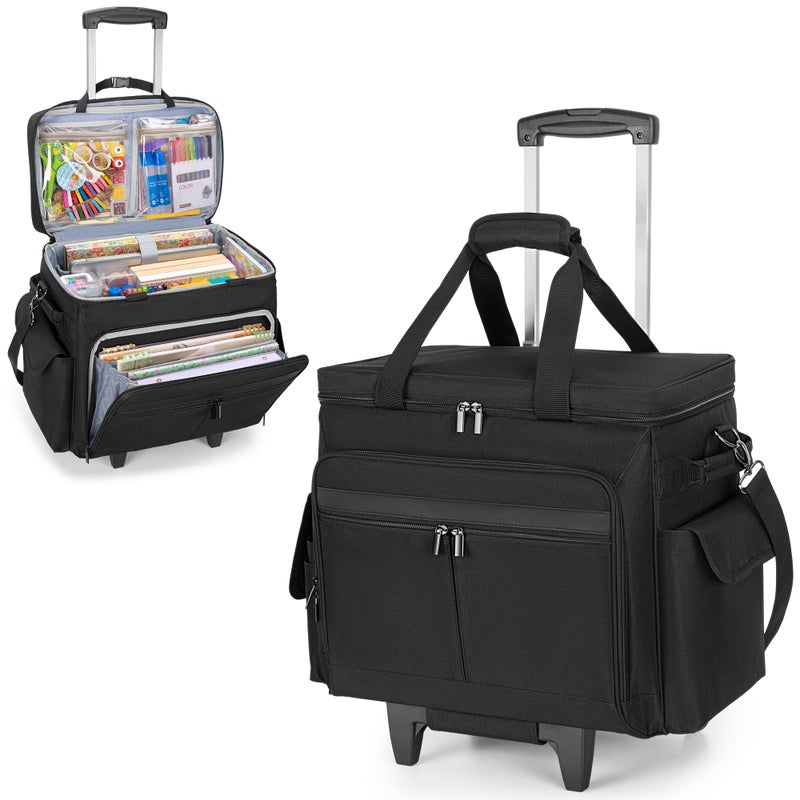 Trunab Rolling Scrapbook Tote with Expandable File Pocket, Large Craft Organizer and Storage Bag with Detachable Trolley and Bottom Support Panel for Scrapbooking Supplies and Art Tools, Black - Image 1