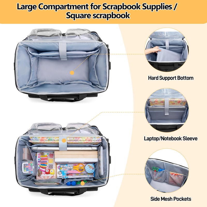 Trunab Rolling Scrapbook Tote with Expandable File Pocket, Large Craft Organizer and Storage Bag with Detachable Trolley and Bottom Support Panel for Scrapbooking Supplies and Art Tools, Black - Image 2