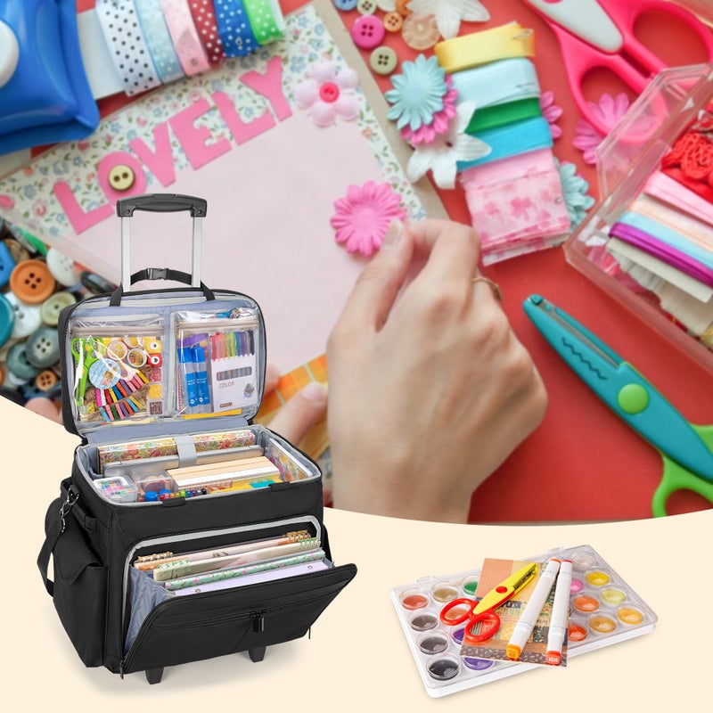 Trunab Rolling Scrapbook Tote with Expandable File Pocket, Large Craft Organizer and Storage Bag with Detachable Trolley and Bottom Support Panel for Scrapbooking Supplies and Art Tools, Black - Image 4