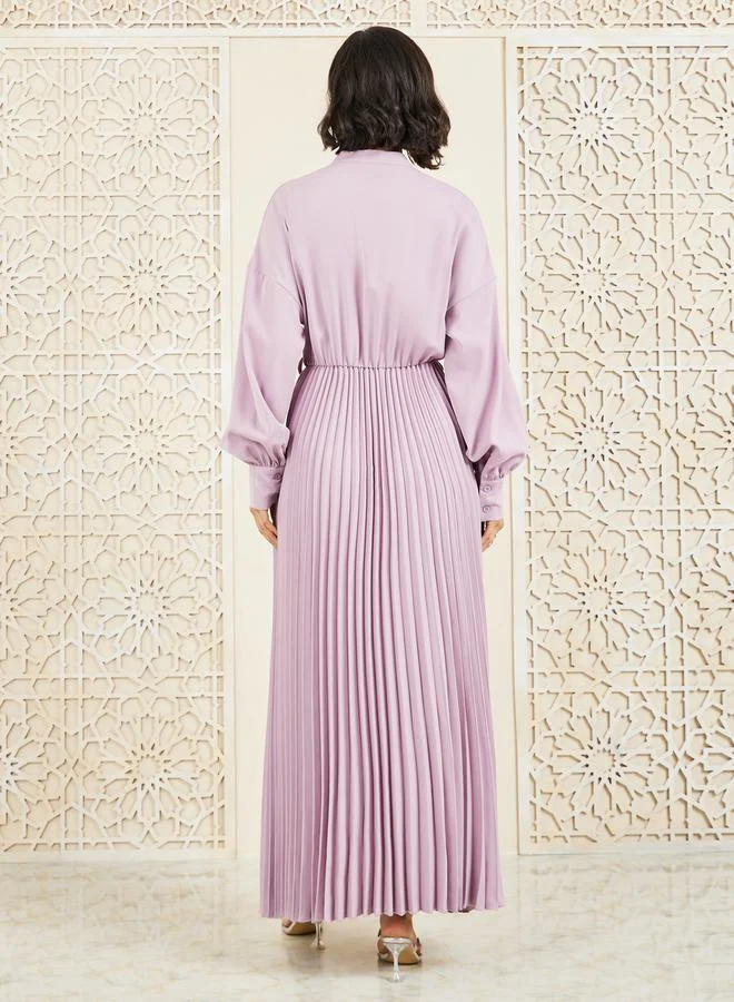 Styli Pleated Long Sleeve Dress
